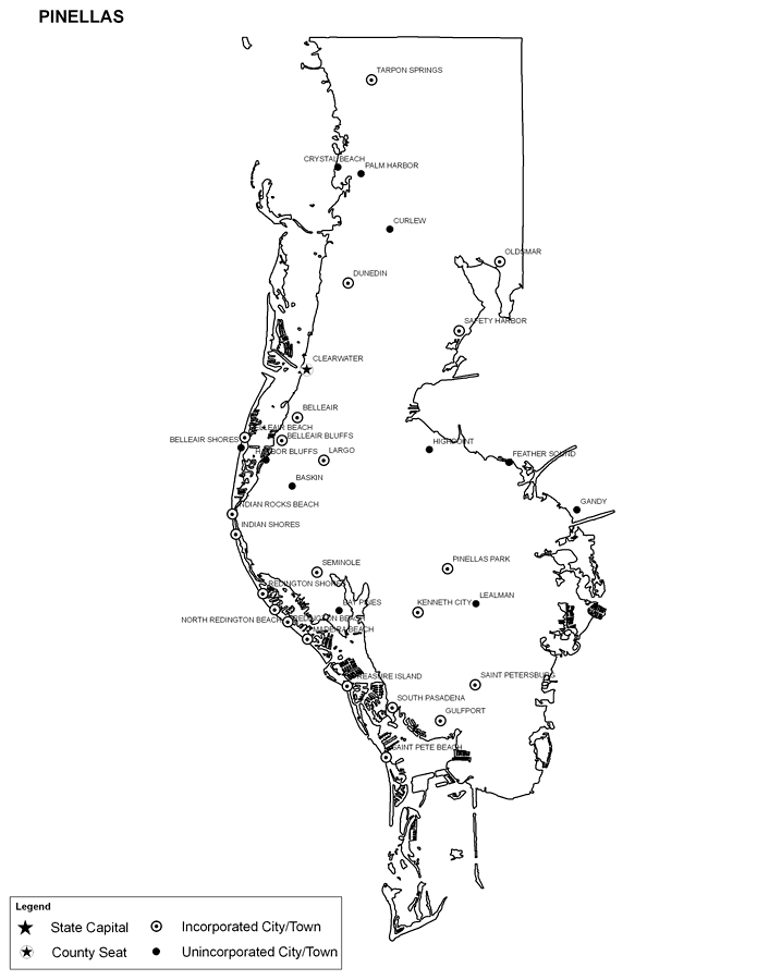 Map of cities and communities in Pinellas County, Florida