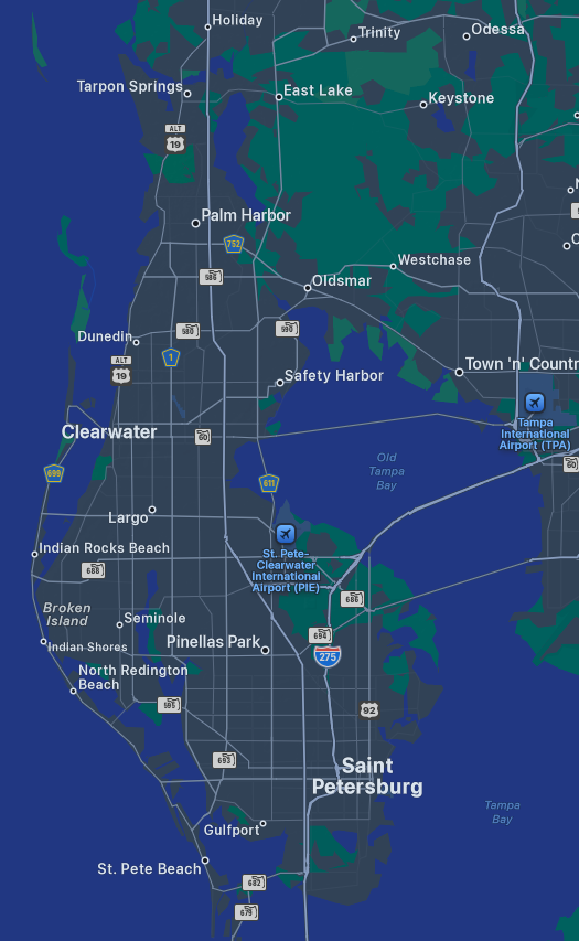 Map of cities and communities in Pinellas County, Florida